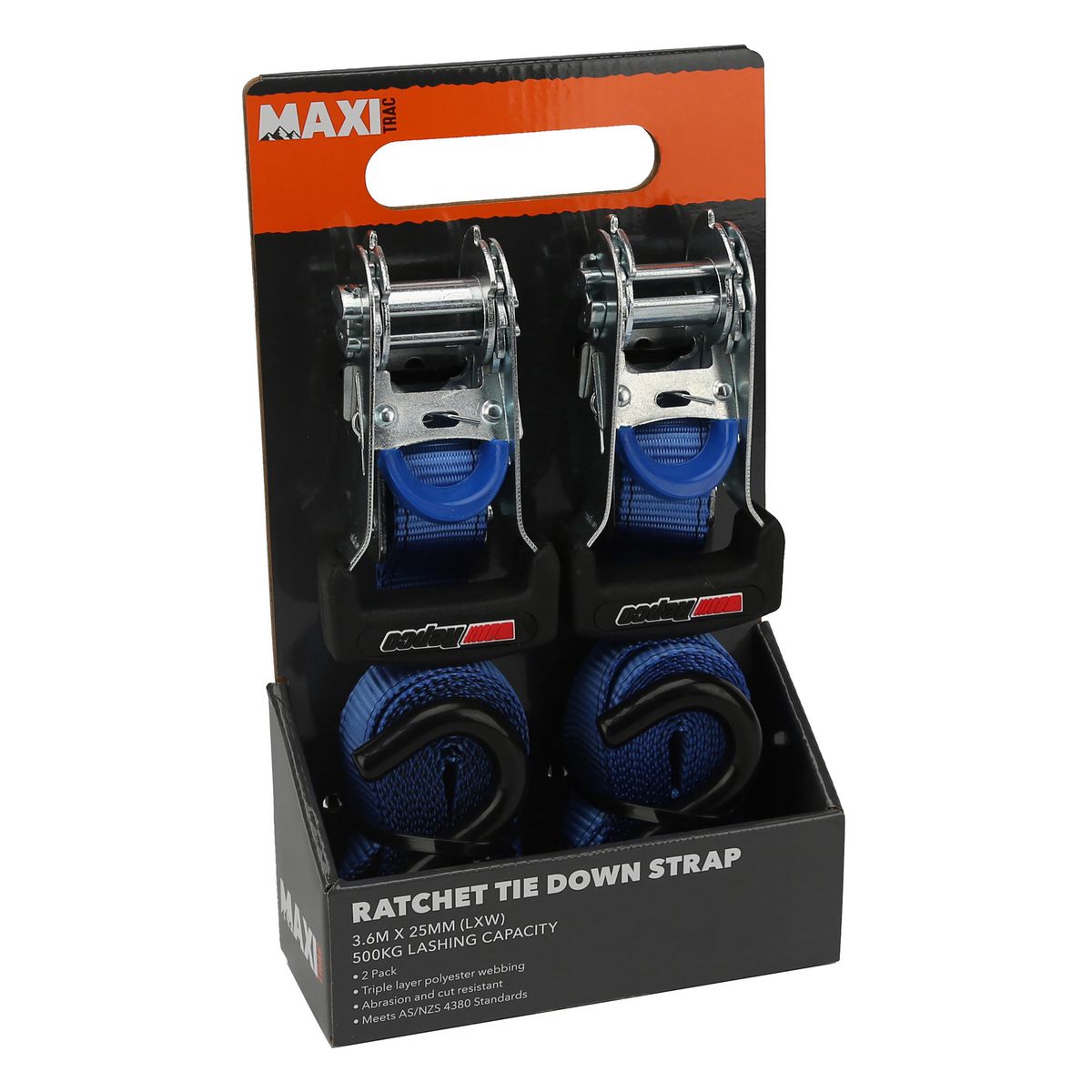 Maxitrac Ratchet Tie Down Straps 3.6M 500Kg Lashing Capacity 2 Pack MT-TDR006