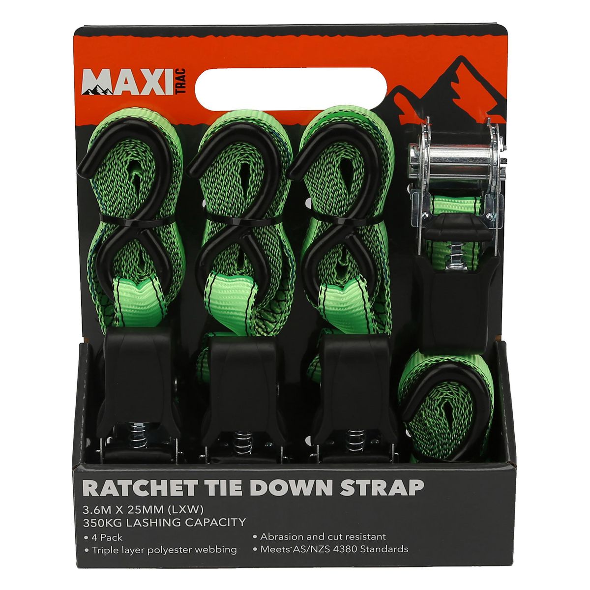 Maxitrac Ratchet Tie Down Straps 3.6M 350Kg Lashing Capacity 4 Pack MT-TDR005
