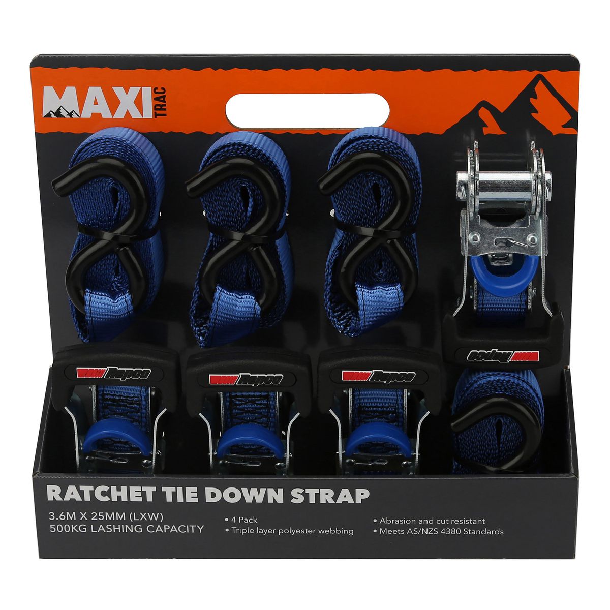 Maxitrac Ratchet Tie Down Straps 3.6M 500Kg Lashing Capacity 4 Pack MT-TDR007
