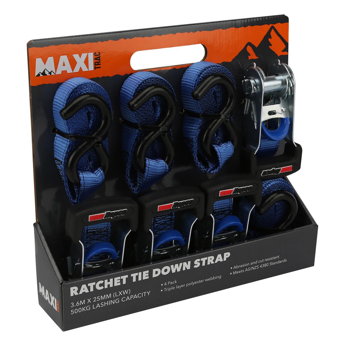 Maxitrac Ratchet Tie Down Straps 3.6M 500Kg Lashing Capacity 4 Pack MT-TDR007