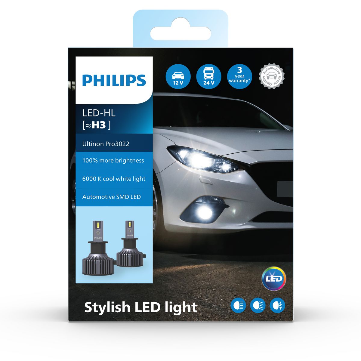 Philips Ultinon Pro 3022 H3 LED Globes 12/24V Pair 11336U3022X2