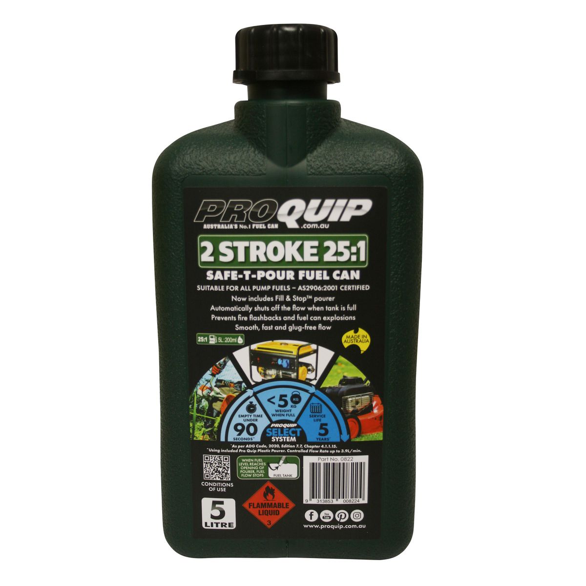 Proquip Fuel Can Plastic 5L Safe-T-Pour - Green 2 Stroke 822