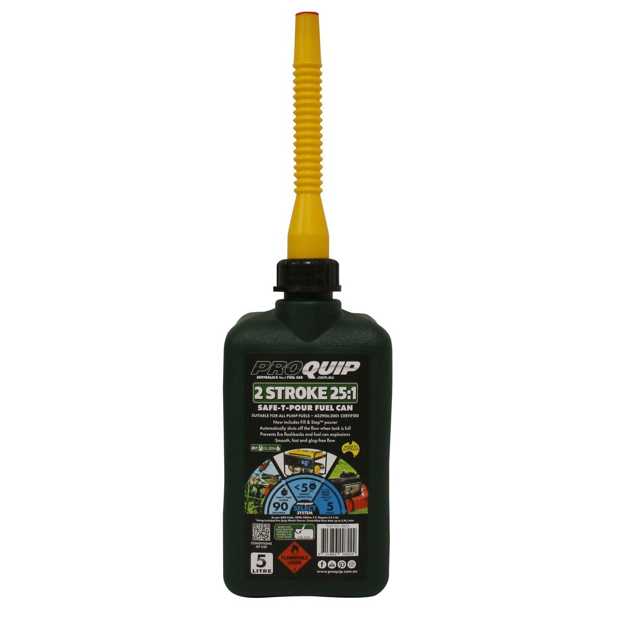 Proquip Fuel Can Plastic 5L Safe-T-Pour - Green 2 Stroke 822