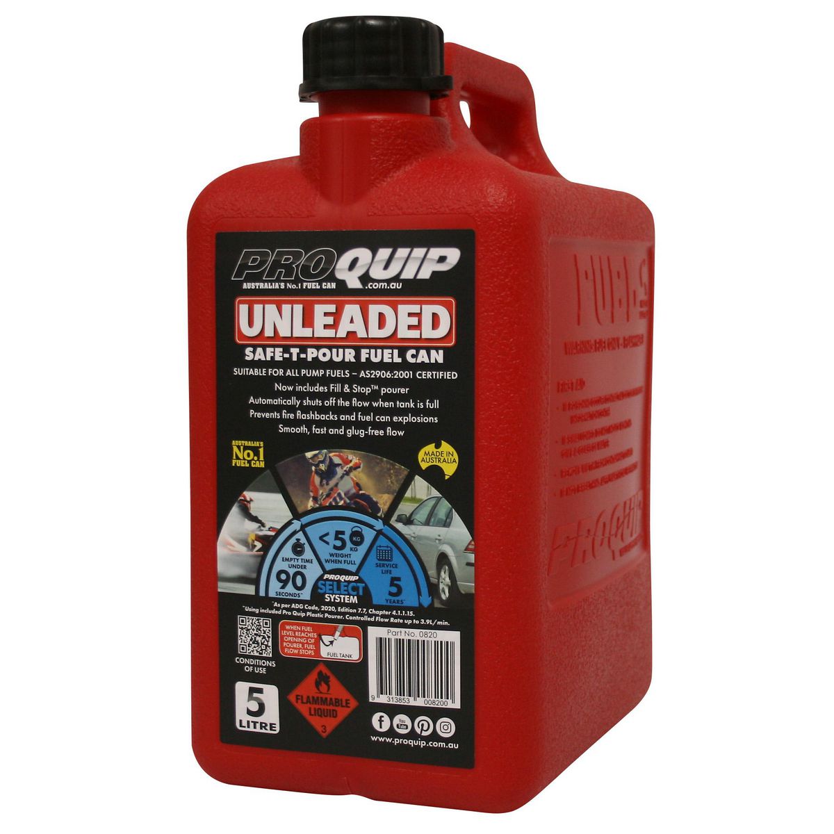 Proquip Fuel Can Plastic 5L Safe-T-Pour - Red Unleaded 820