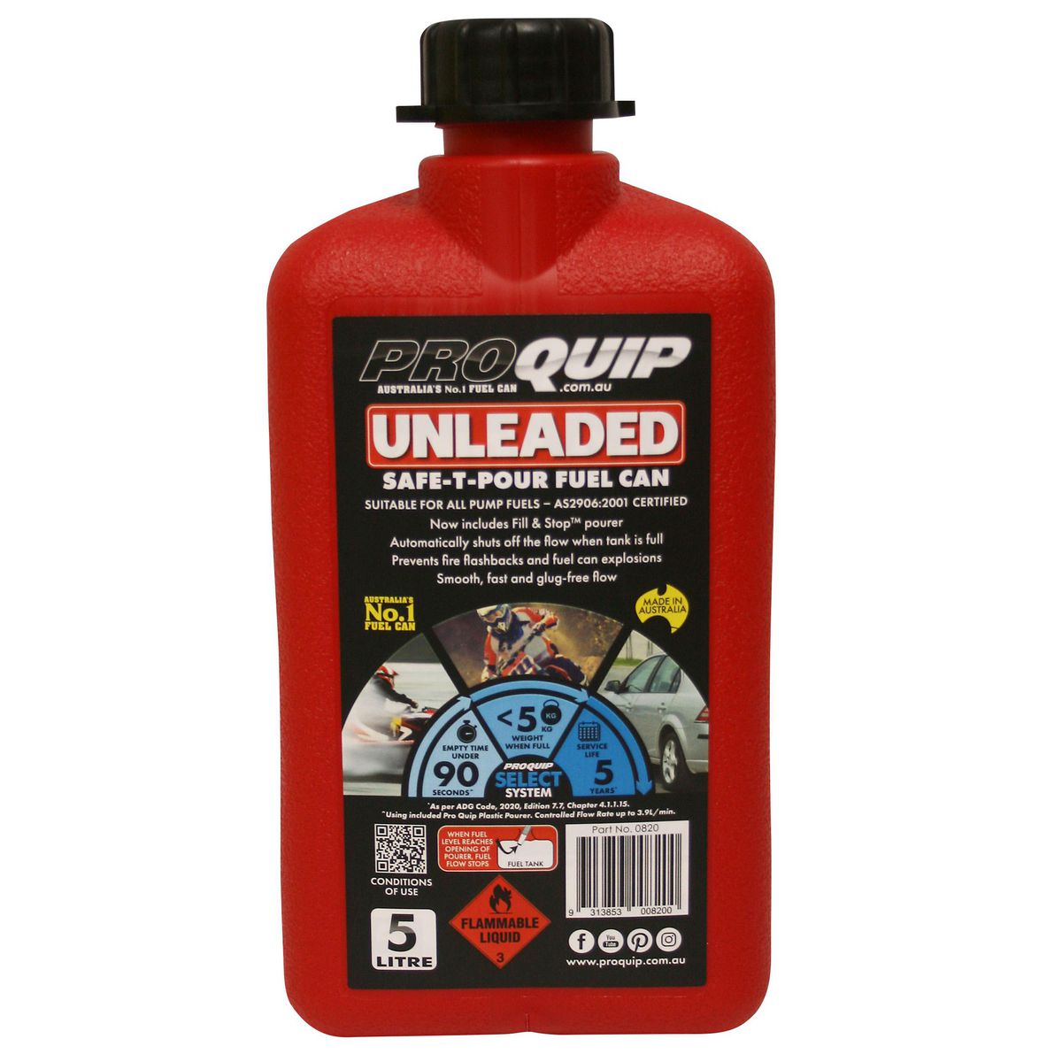 Proquip Fuel Can Plastic 5L Safe-T-Pour - Red Unleaded 820