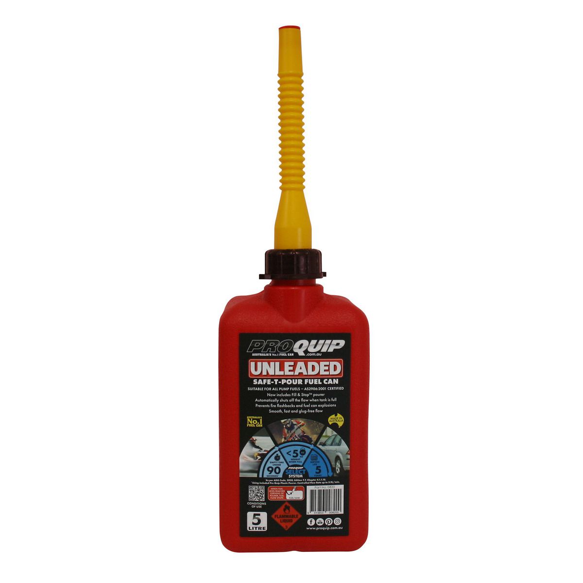 Proquip Fuel Can Plastic 5L Safe-T-Pour - Red Unleaded 820