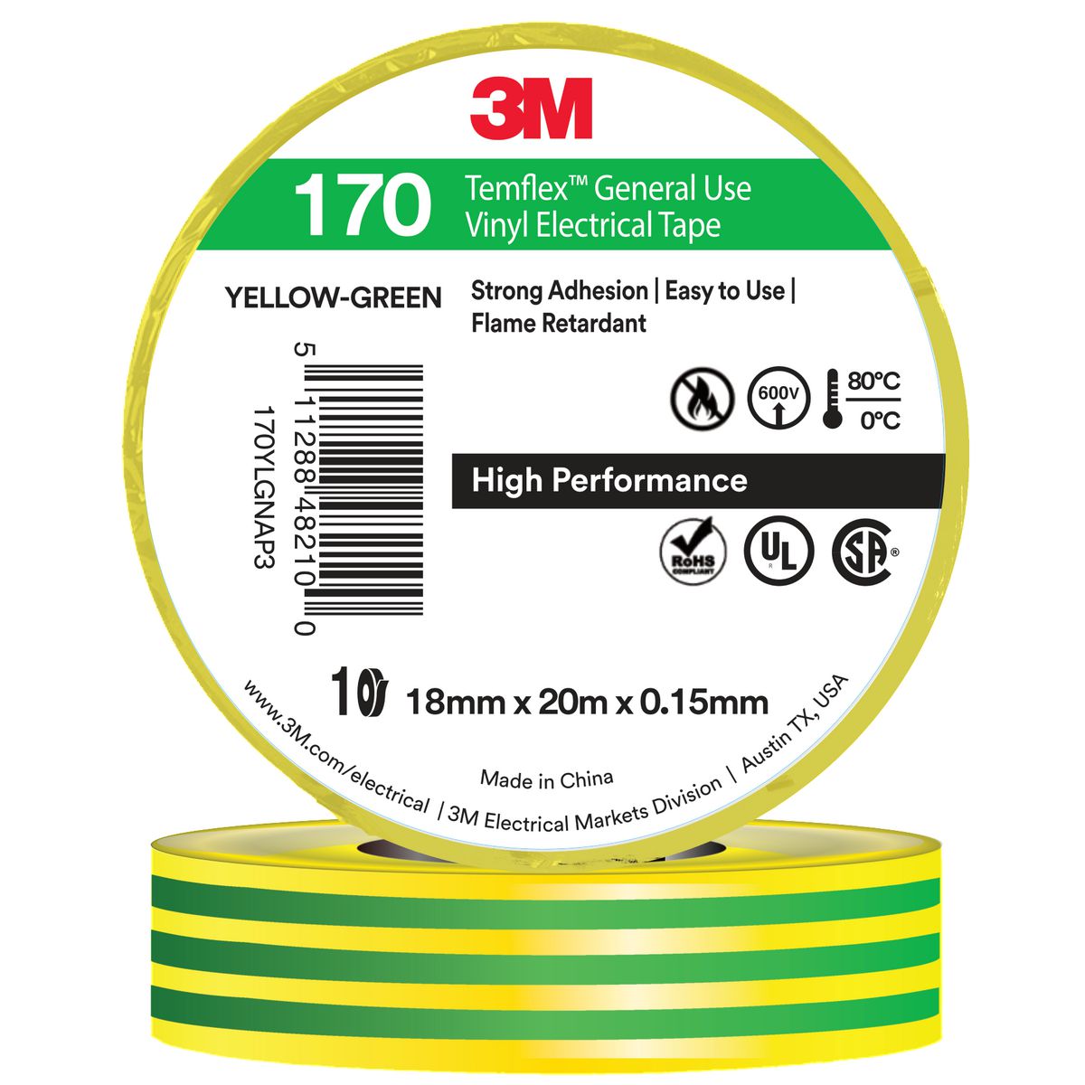 3M Temflex 170 Tape Green/Yellow 18mm X 20m AE019500808