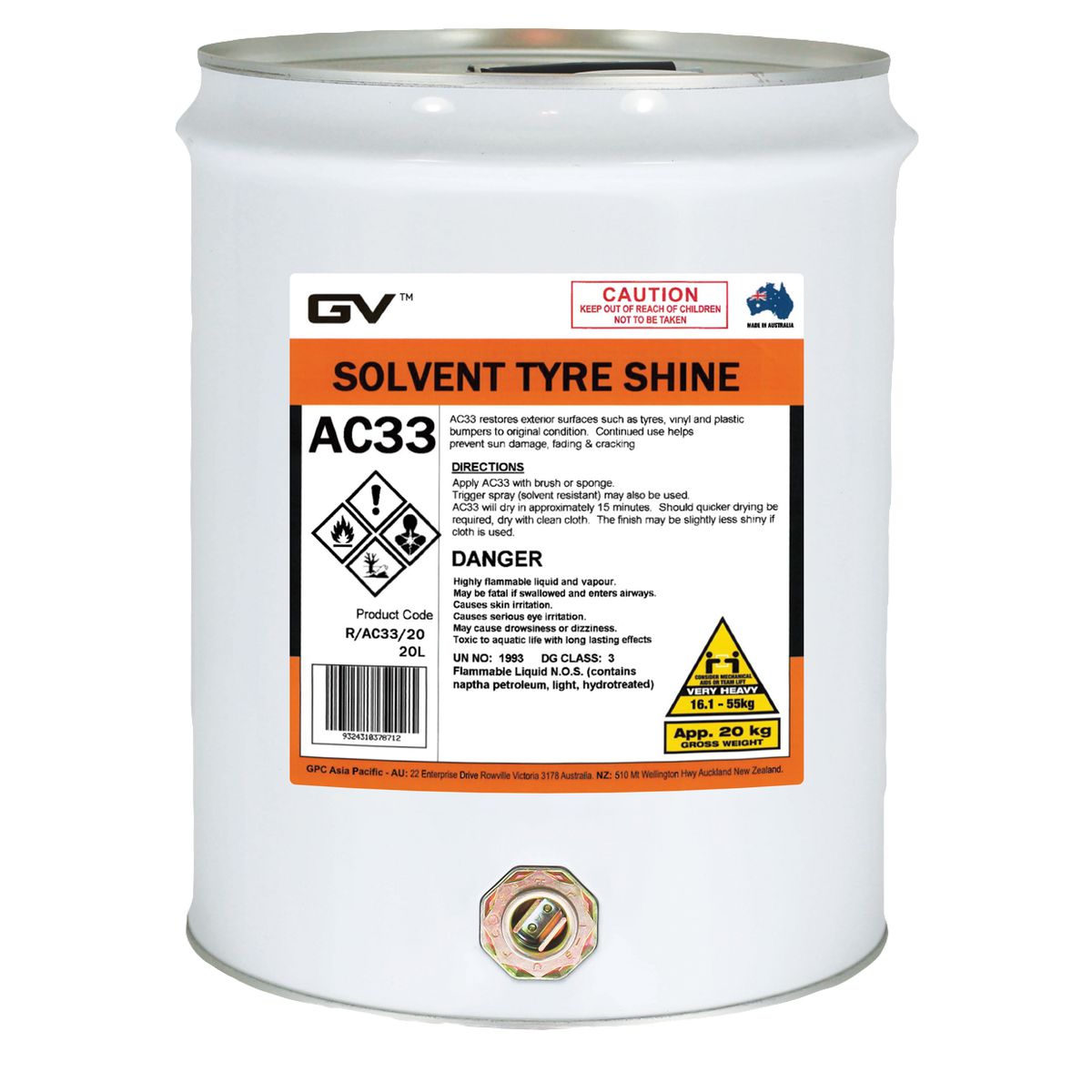 GVOil High Gloss Solvent Tyre Shine - 20L R/AC33/20