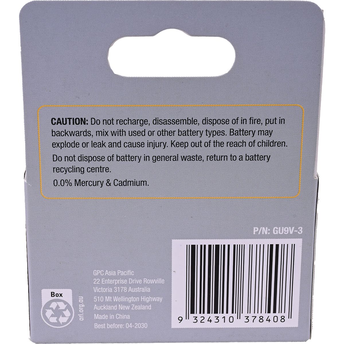 Gearup Alkaline 9V  Batteries 3Pcs Hang Box; Capacity: 600Mah GU9V-3