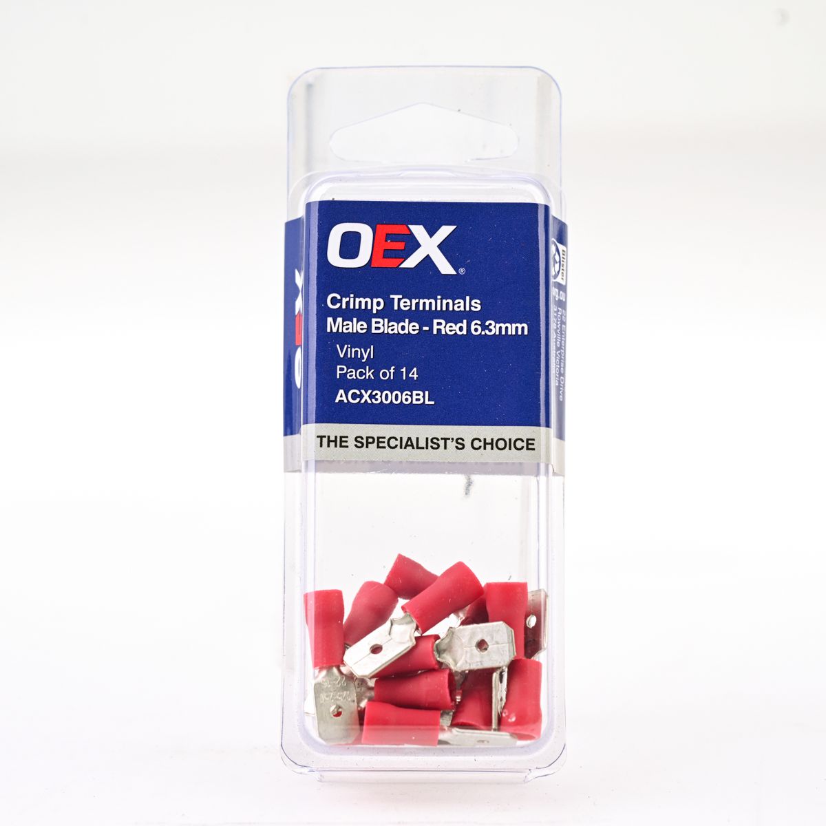 OEX Crimp Terminal Male Blade Red Terminal Entry 6.3 X 0.8mm Vinyl 14 Pce ACX3006BL