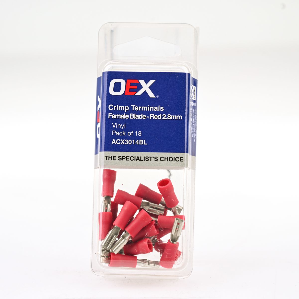 OEX Crimp Terminal Female Blade Red Terminal Entry 2.8 X 0.8mm Vinyl 18 Pce ACX3014BL