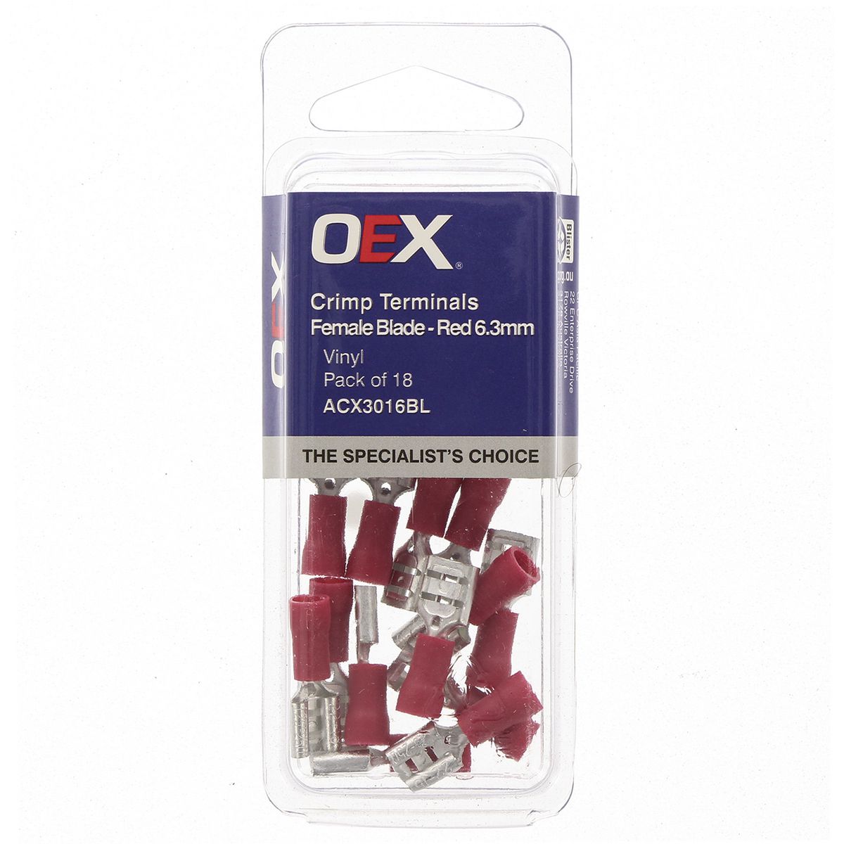 OEX Crimp Terminal Female Blade Red Terminal Entry 6.3 X 0.8mm Vinyl 18 Pce ACX3016BL