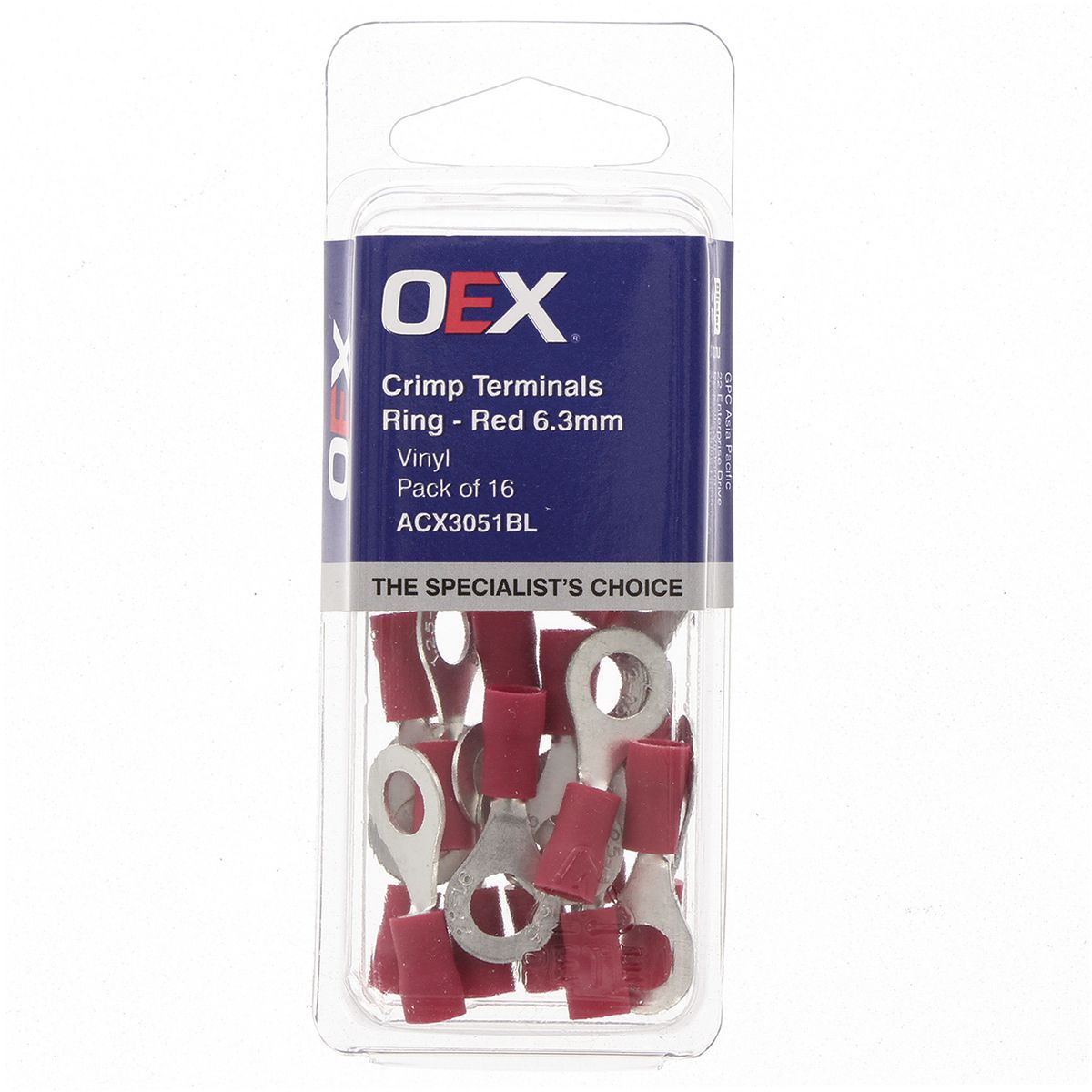 OEX Crimp Terminal Ring Red Id 6.3mm Vinyl 16 Pce ACX3051BL