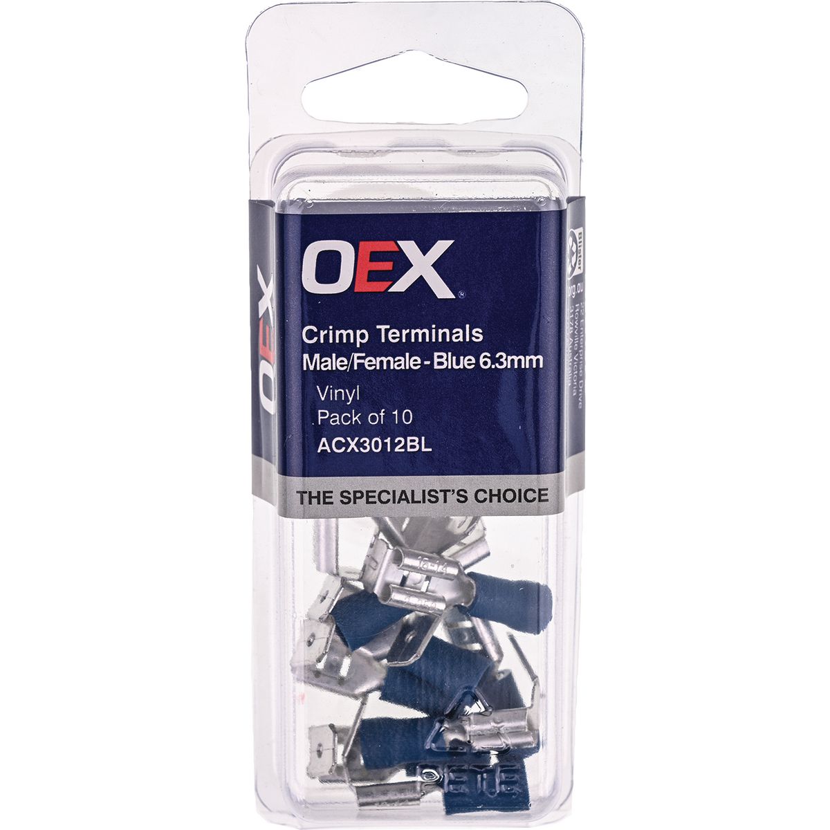 OEX Crimp Terminal 2-Way Male/Female Blue Terminal Entry 6.3 X 0.8mm Vinyl 10 Pce ACX3012BL
