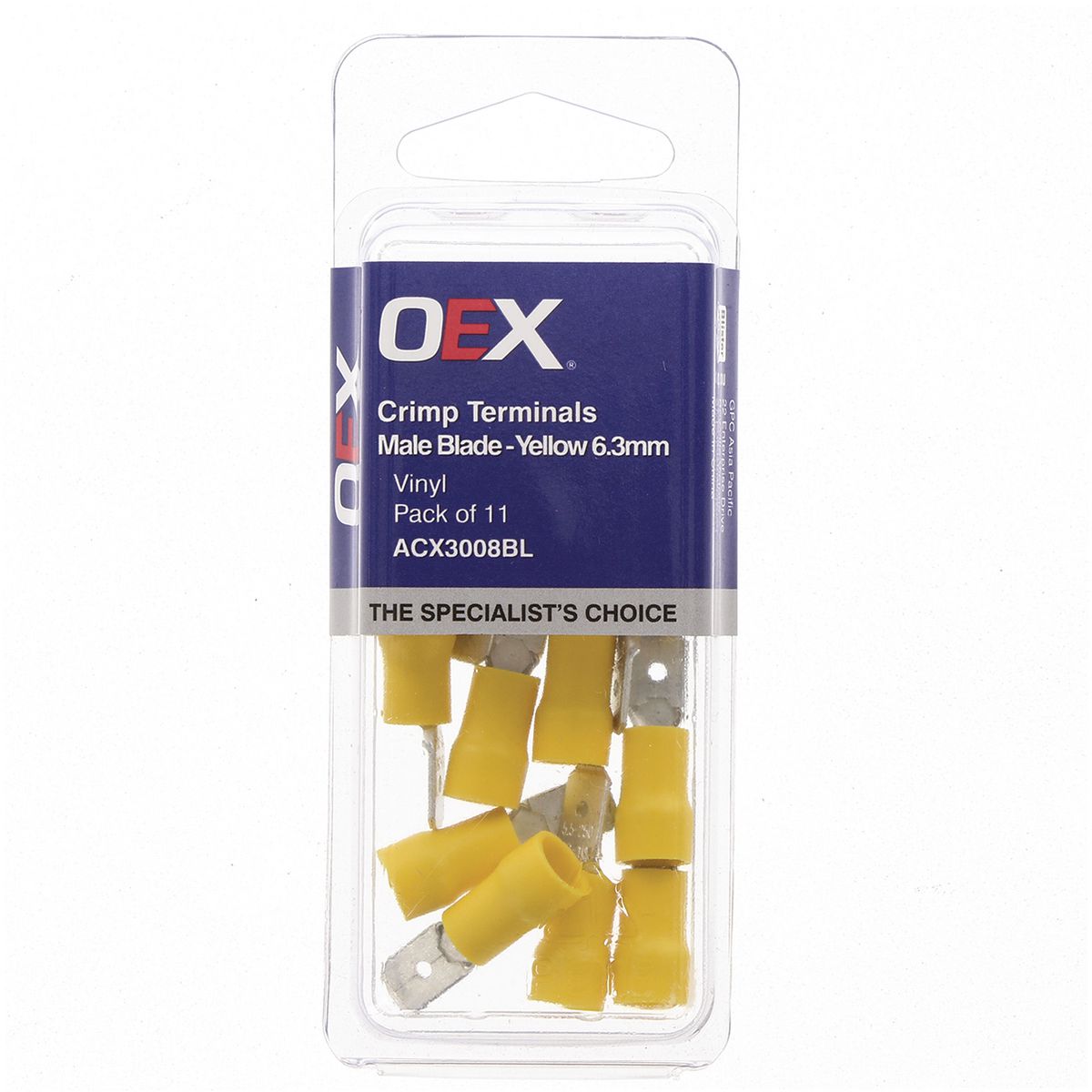 OEX Crimp Terminal Male Blade Yellow Terminal Entry 6.3 X 0.8mm Vinyl 11 Pce ACX3008BL