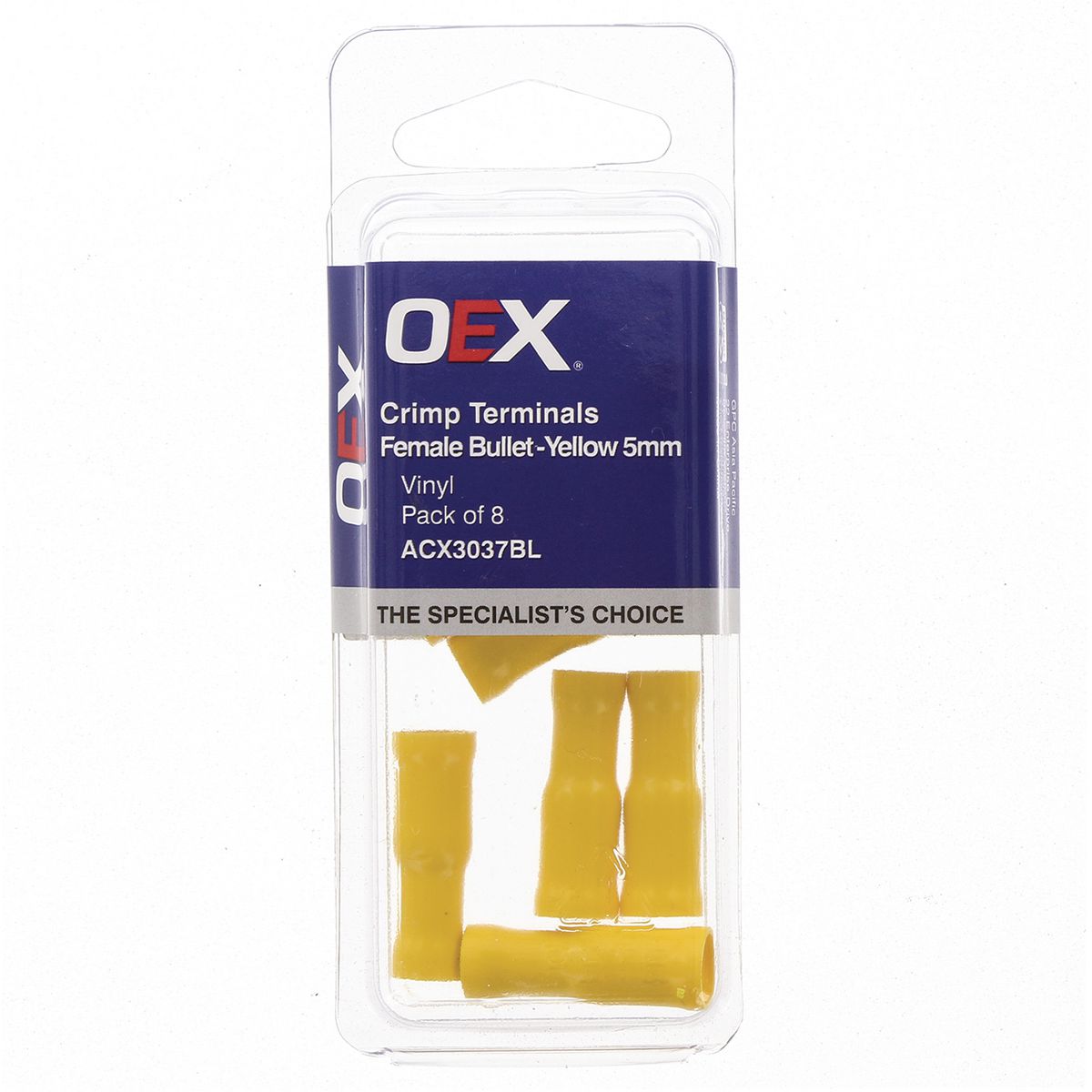 OEX Crimp Terminal Female Bullet Yellow Terminal Size 5mm Vinyl 8 Pce ACX3037BL