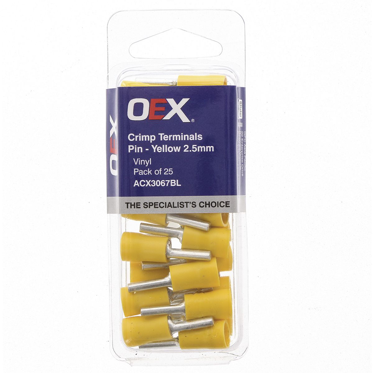 OEX Crimp Terminal Pin Yellow 2mm Vinyl 25 Pce ACX3067BL