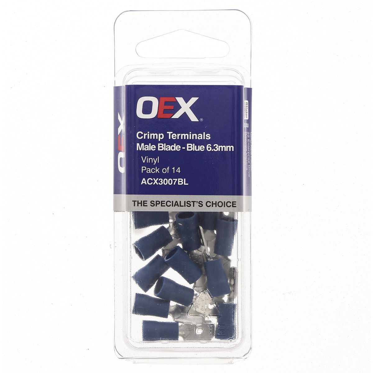 OEX Crimp Terminal Male Blade Blue Terminal Entry 6.3 X 0.8mm Vinyl 14 Pce ACX3007BL