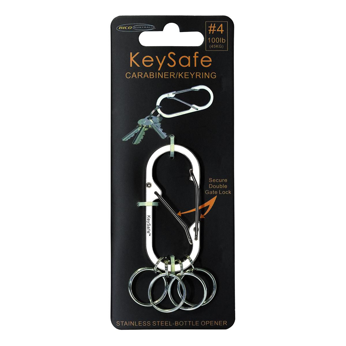 KeySafe Double-Gate Oval Stainless Steel Carabiner Keyring #4 Large Silver KS001-4SIL