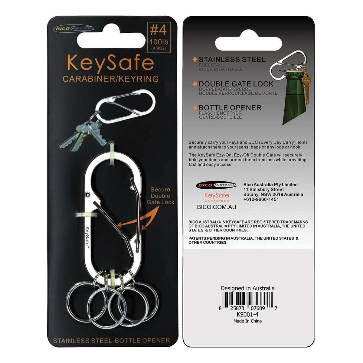 KeySafe Double-Gate Oval Stainless Steel Carabiner Keyring #4 Large Silver KS001-4SIL