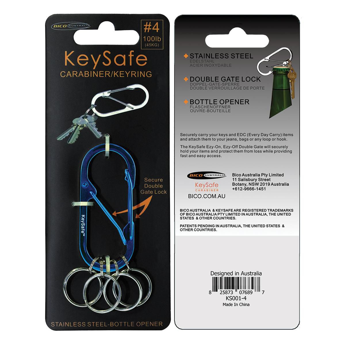 KeySafe Double-Gate Oval Stainless Steel Carabiner Keyring #4 Large Blue KS001-4BLU