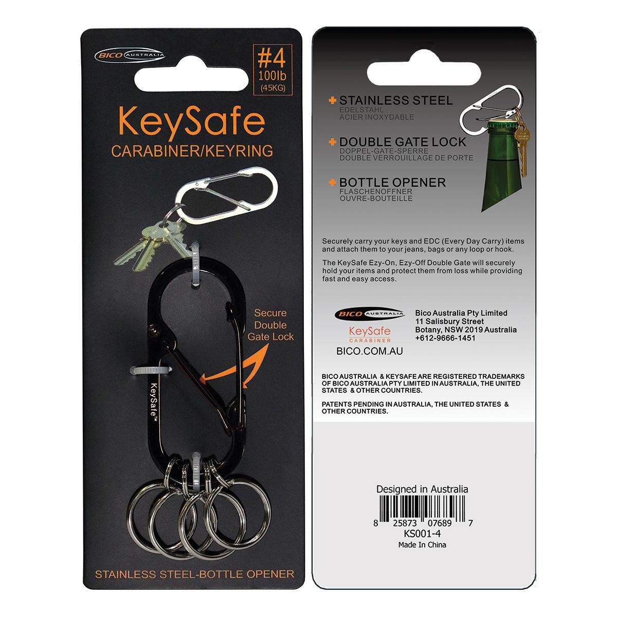 KeySafe Double-Gate Oval Stainless Steel Carabiner Keyring #4 Large Black KS001-4BLK