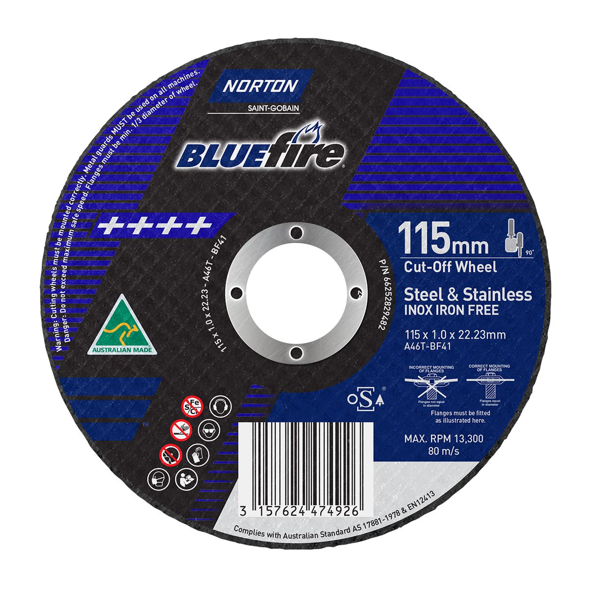 Norton Cut-Off Wheel, Bluefire 115X1.0X22.23 A46Z 66252829482