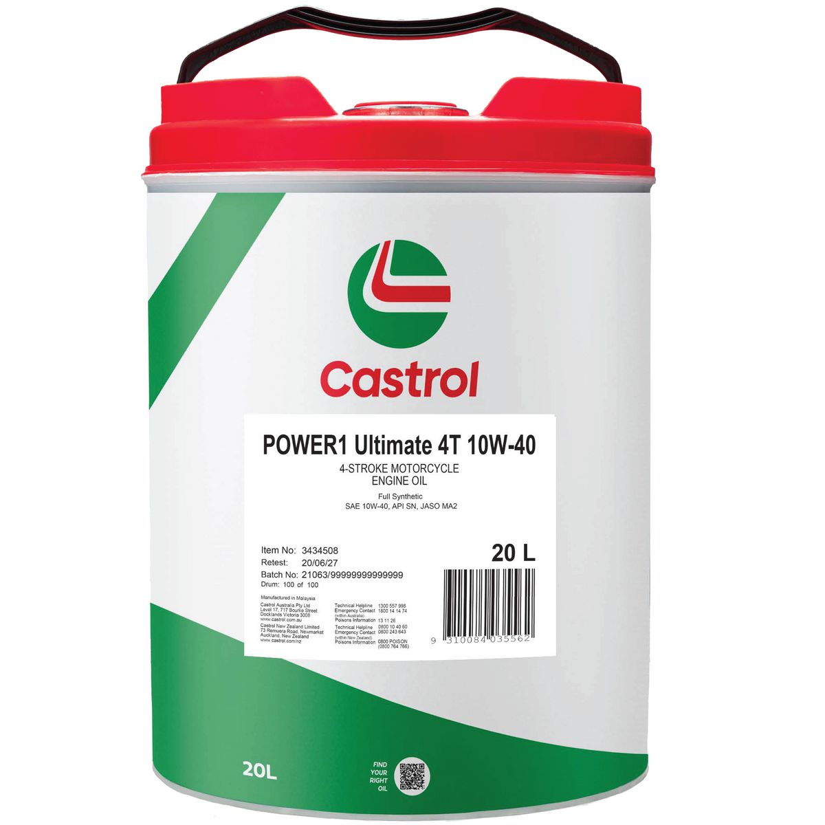 Castrol POWER1 Ultimate 4T 10W-40 Engine Oil 20L 3434508