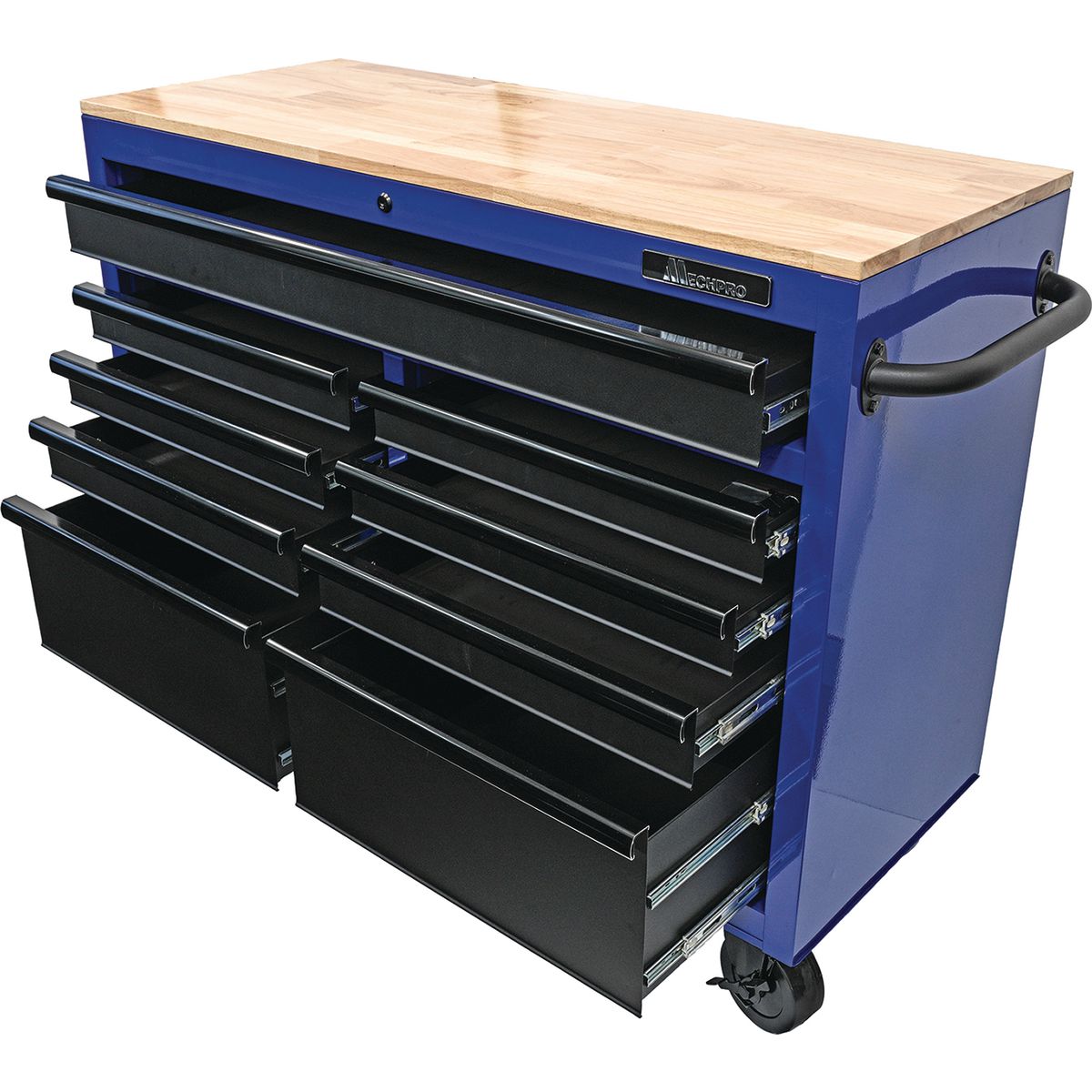 Mechpro 46 Inch 9 Drawer Tool Trolley Workbench with Timber Top 945mm Height MPBTT-46IN-9D