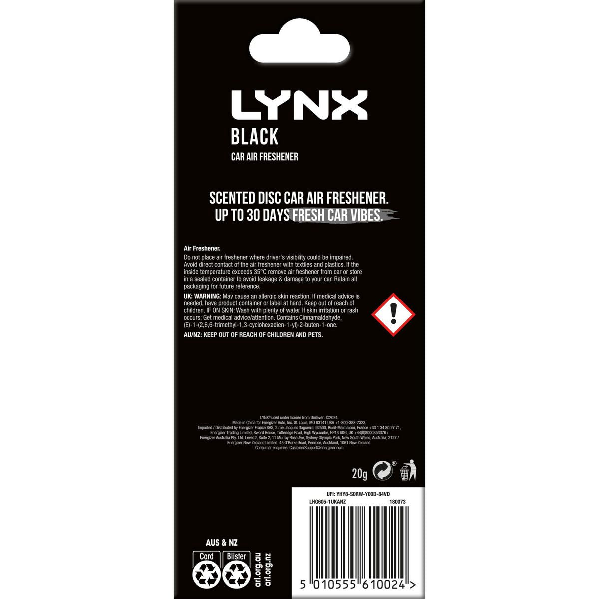 Lynx Car Air Freshener - 3D Hang Black Scent E303520900