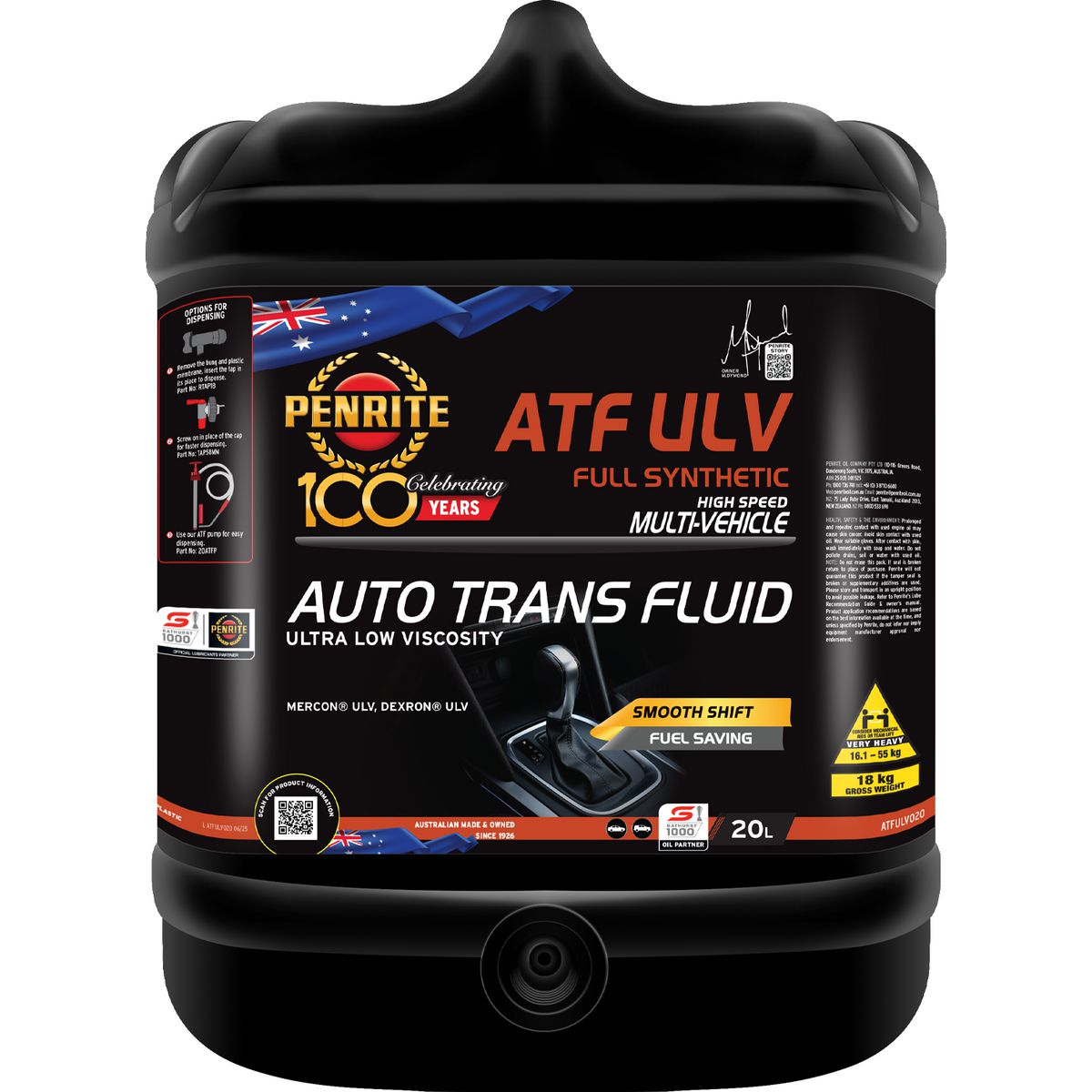 Penrite ATF Multivehicle Full-Syn Ultra-Low Viscosity Auto Trans Fluid 20L ATFULV020