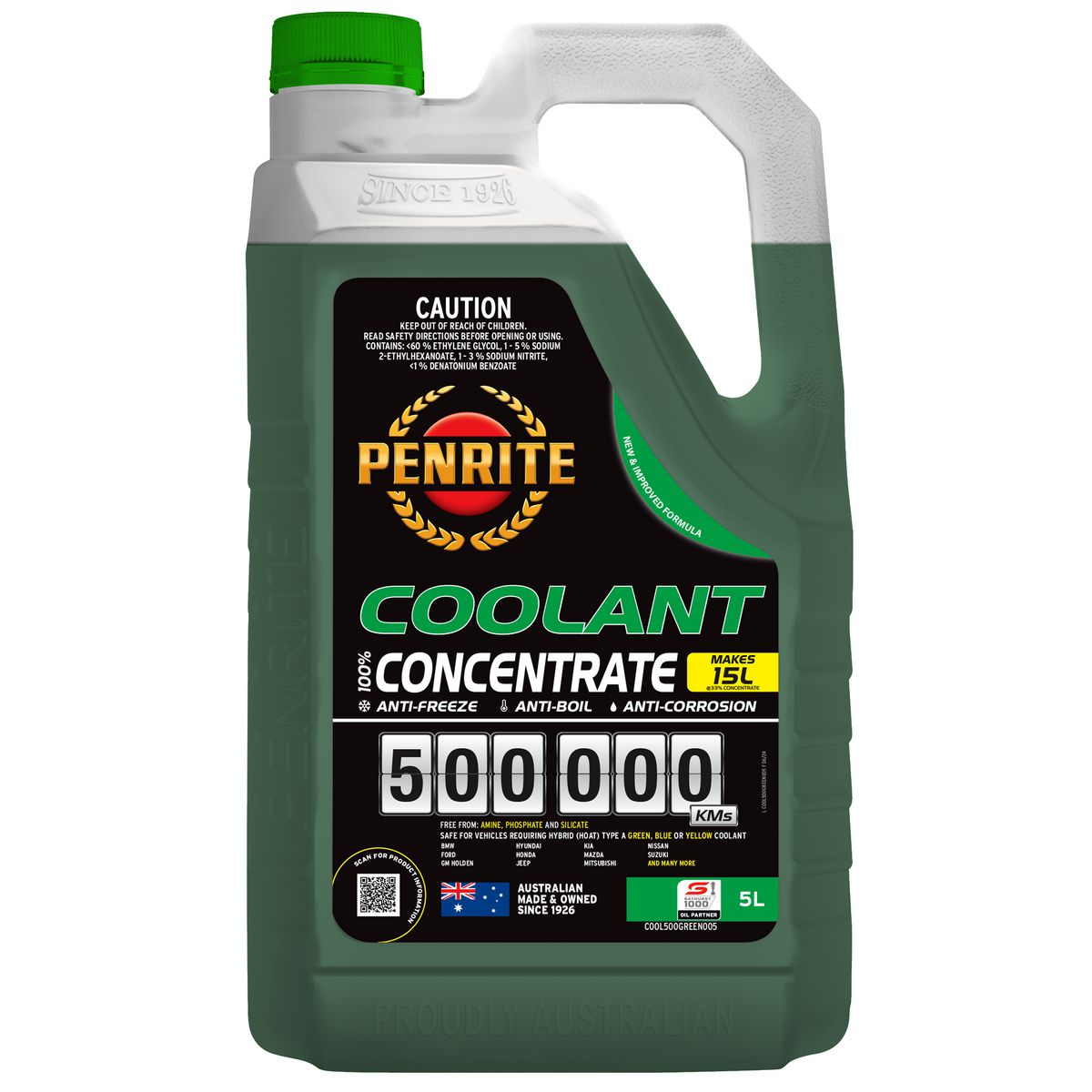 Penrite Oil 500,000 Kilometre Green Coolant Concentrate 5 Litre COOL500GREEN005