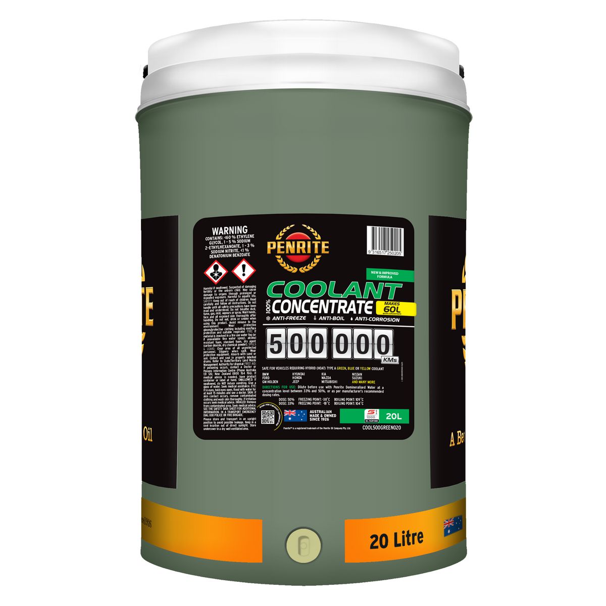 Penrite Oil 500,000 Kilometre Green Coolant Concentrate 20 Litre COOL500GREEN020