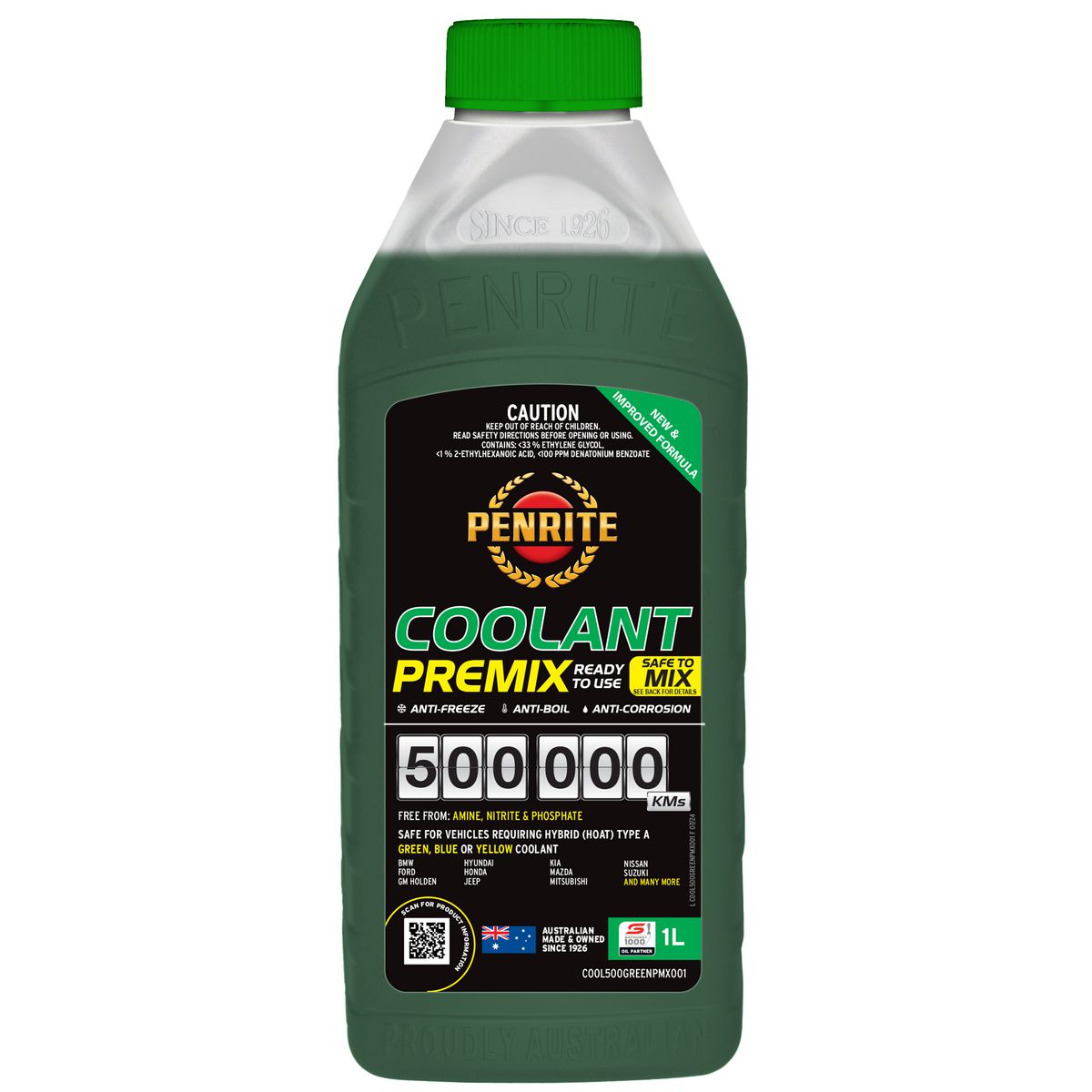 Penrite Oil 500,000 Kilometre Green Coolant Premix 1L COOL500GREENPMX001