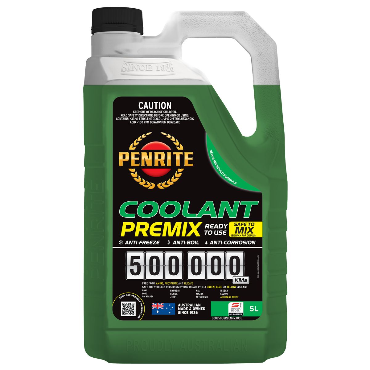 Penrite Oil 500,000 Kilometre Green Coolant Premix 5L COOL500GREENPMX005