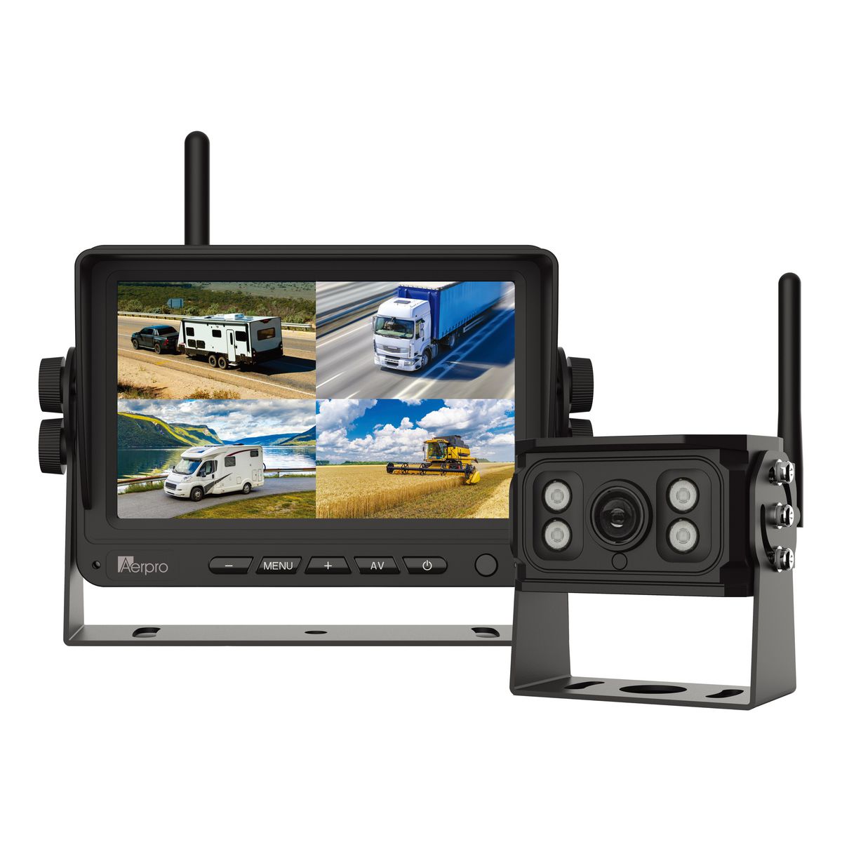Aerpro 7In Wireless Heavy Duty Quad View Monitor 1080P HD Camera Kit With Dvr AVK7W1