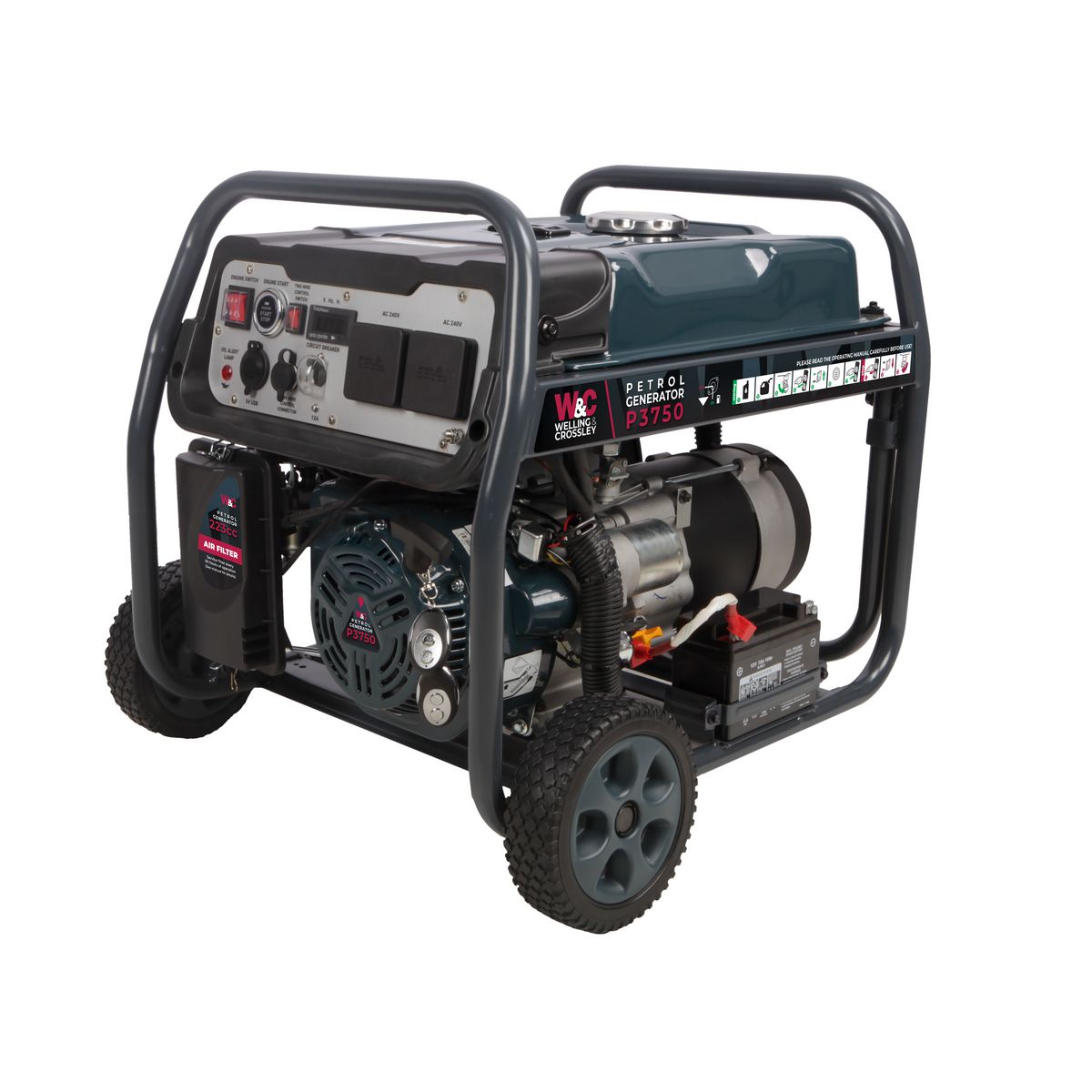 Welling & Crossley 3.75 kVA (3200W) Open Frame AVR Petrol Generator with E-Start WC-P3750