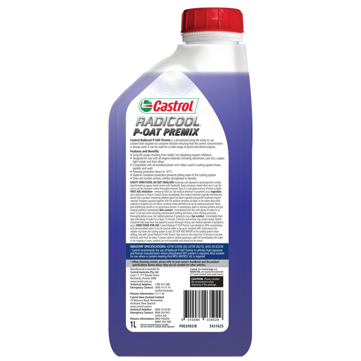 Castrol RADICOOL P-Oat Purple Premix Engine Coolant 1L 3421625