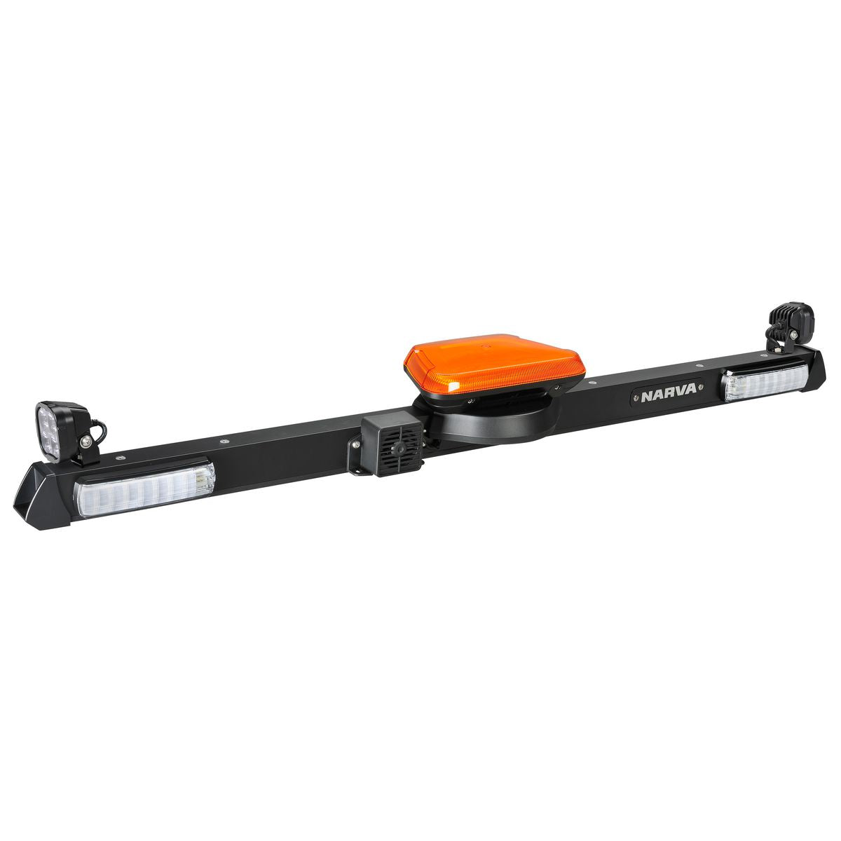 Narva 12V LED, 'AeroTech', Low Profile, Rotating Strobe Utility Bar - 1.2M - with Hybrid Beam LED Work Lamps, forward facing indicators with front posotion and 97dB Squawk Alarm 85091BF