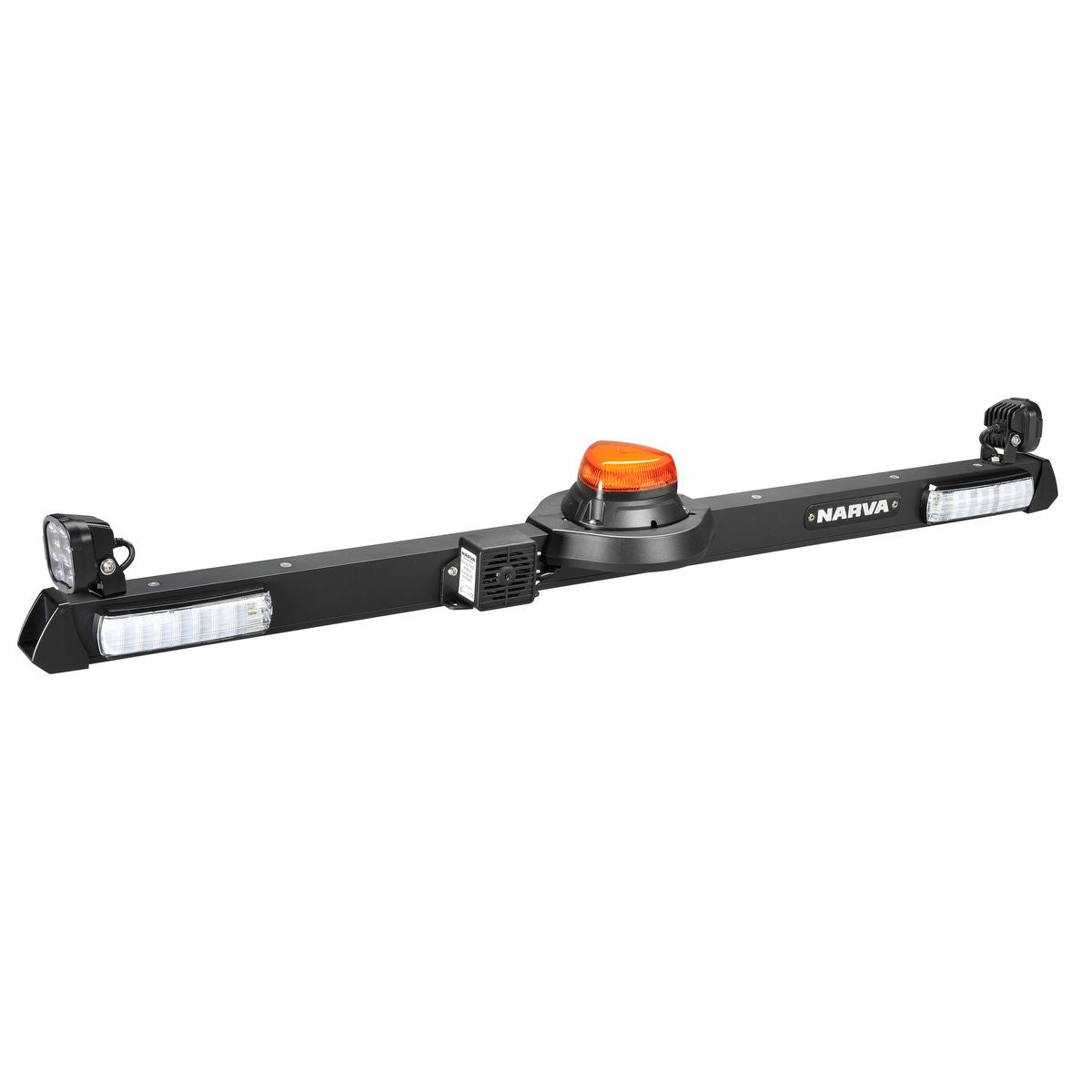 Narva 12V LED, 'Aerotech', Low Profile, Rotating Strobe Utility Bar with Hybrid Beam LED Work Lamps, forward facing indicators with front position and 97dB Squawk alarm 85067BF