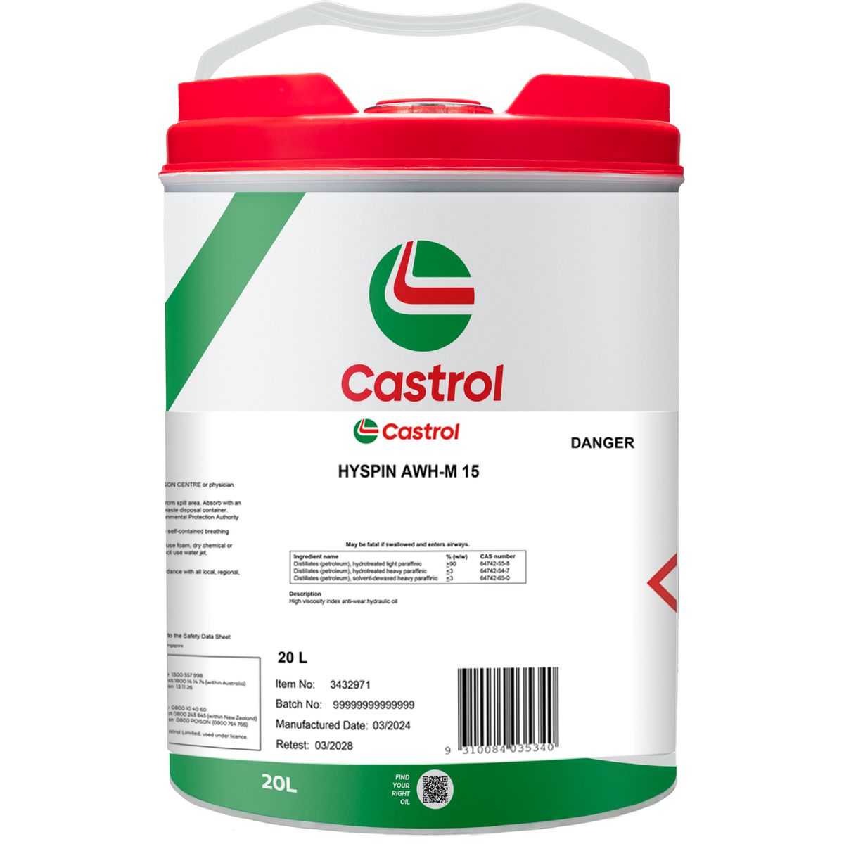Castrol HYSPIN AWH-M 15 Hydraulic Fluid 20L 3432971