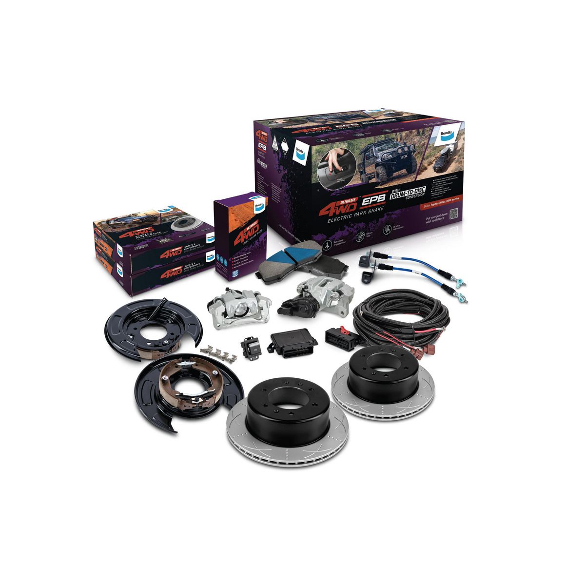 Bendix Ultimate 4WD Drum to Disc conversion with EPB, slotted rotors and U4WD Pads U4WD-D2D301EPBU4