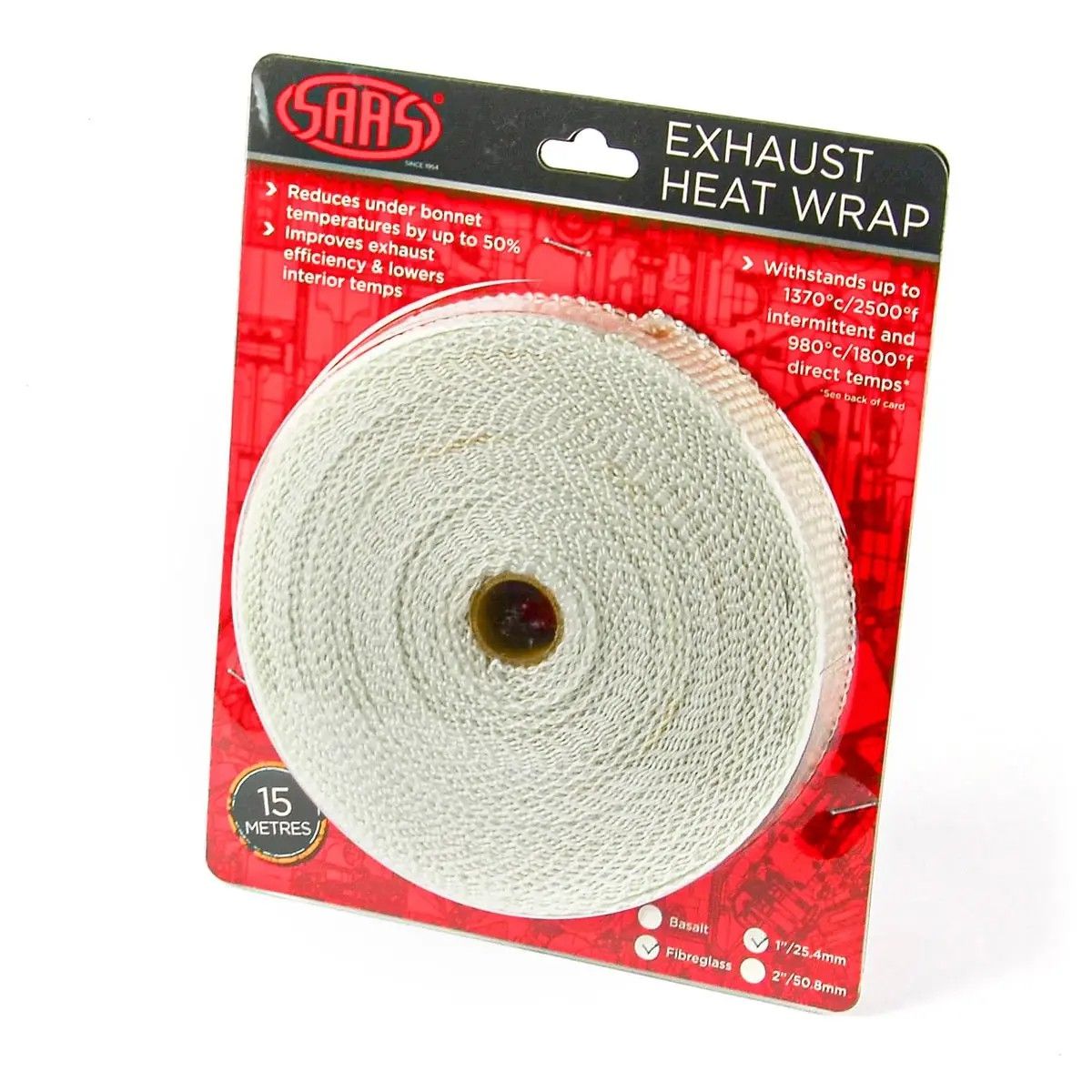 SAAS Exhaust Wrap Fibreglass 25mm (1in) X 15m SHWF2515