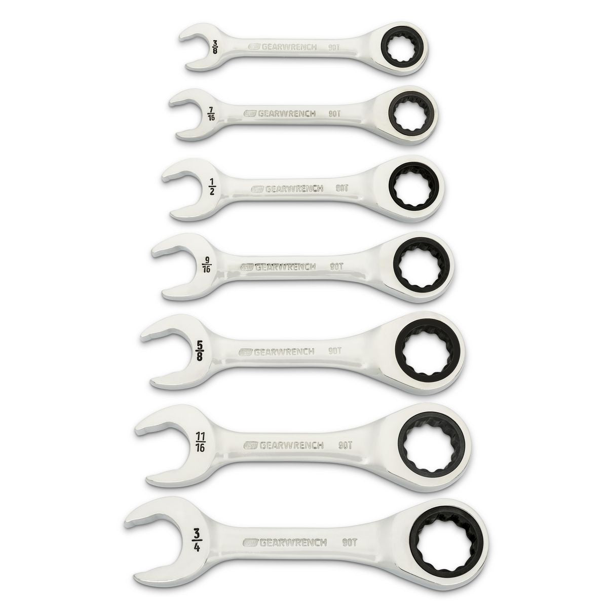 GEARWRENCH 7 Piece 90-Tooth 12 Point SAE Stubby Ratcheting Combination Wrench Set 86858
