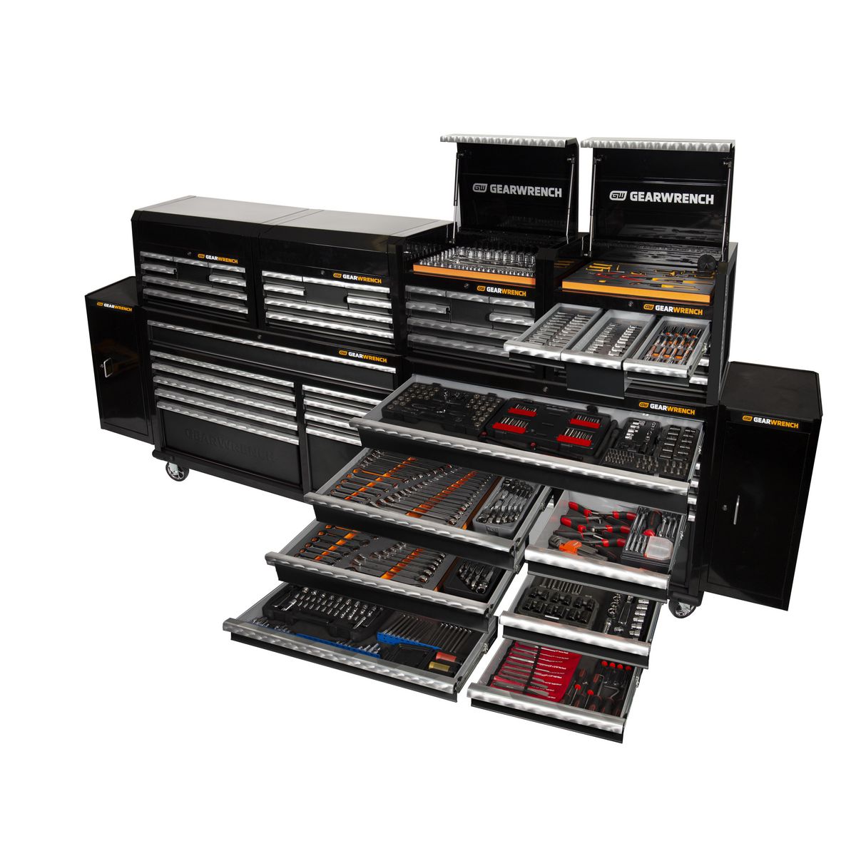 GEARWRENCH 989 Piece Combination Tool Kit + 28in Chests (x4) + 58in Trolleys (x2) + Side Cabinets (x2) 77666