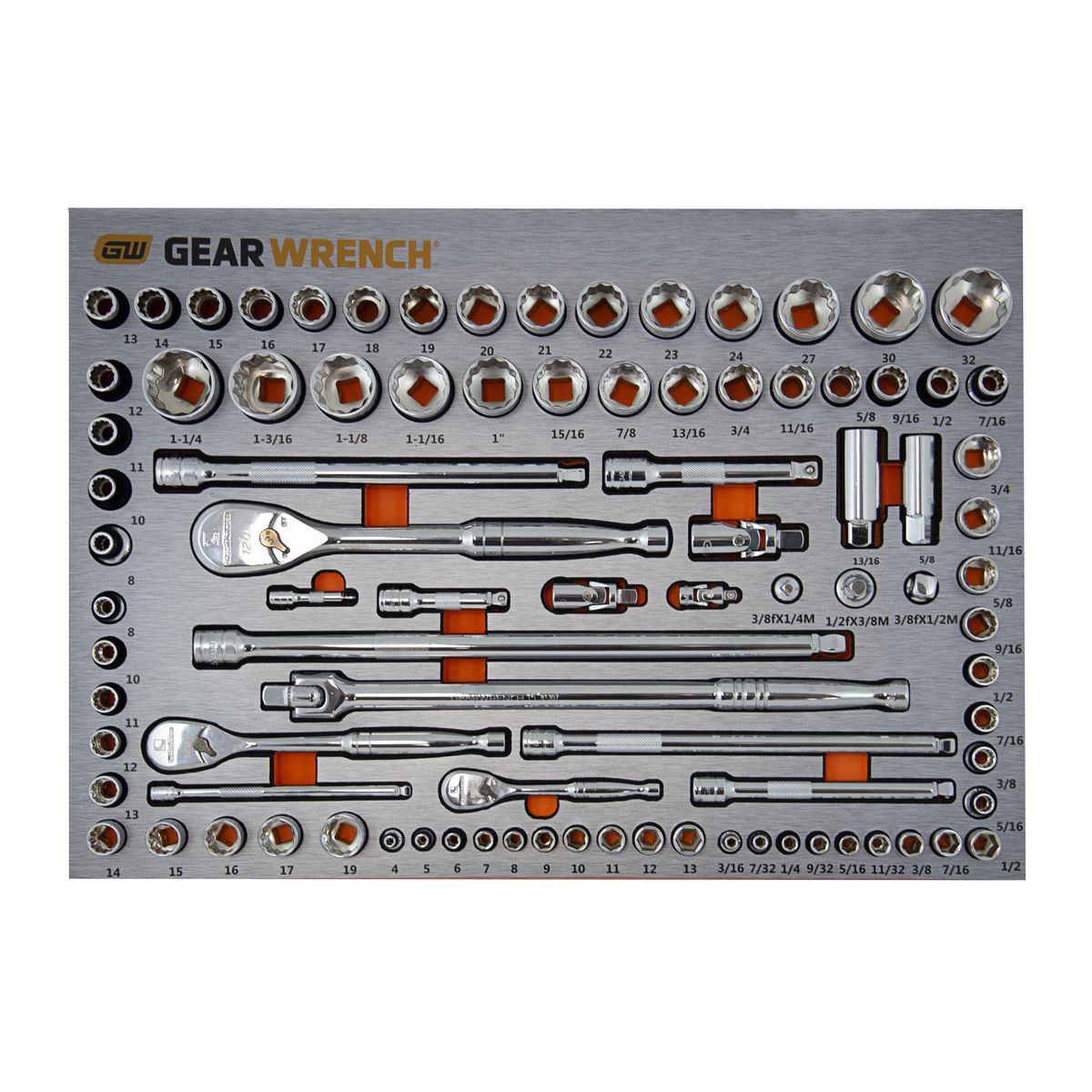 GEARWRENCH 90 Pc. 1/4in, 3/8in & 1/2in Drive Metric & SAE Socket Set in EVA Tray 83992