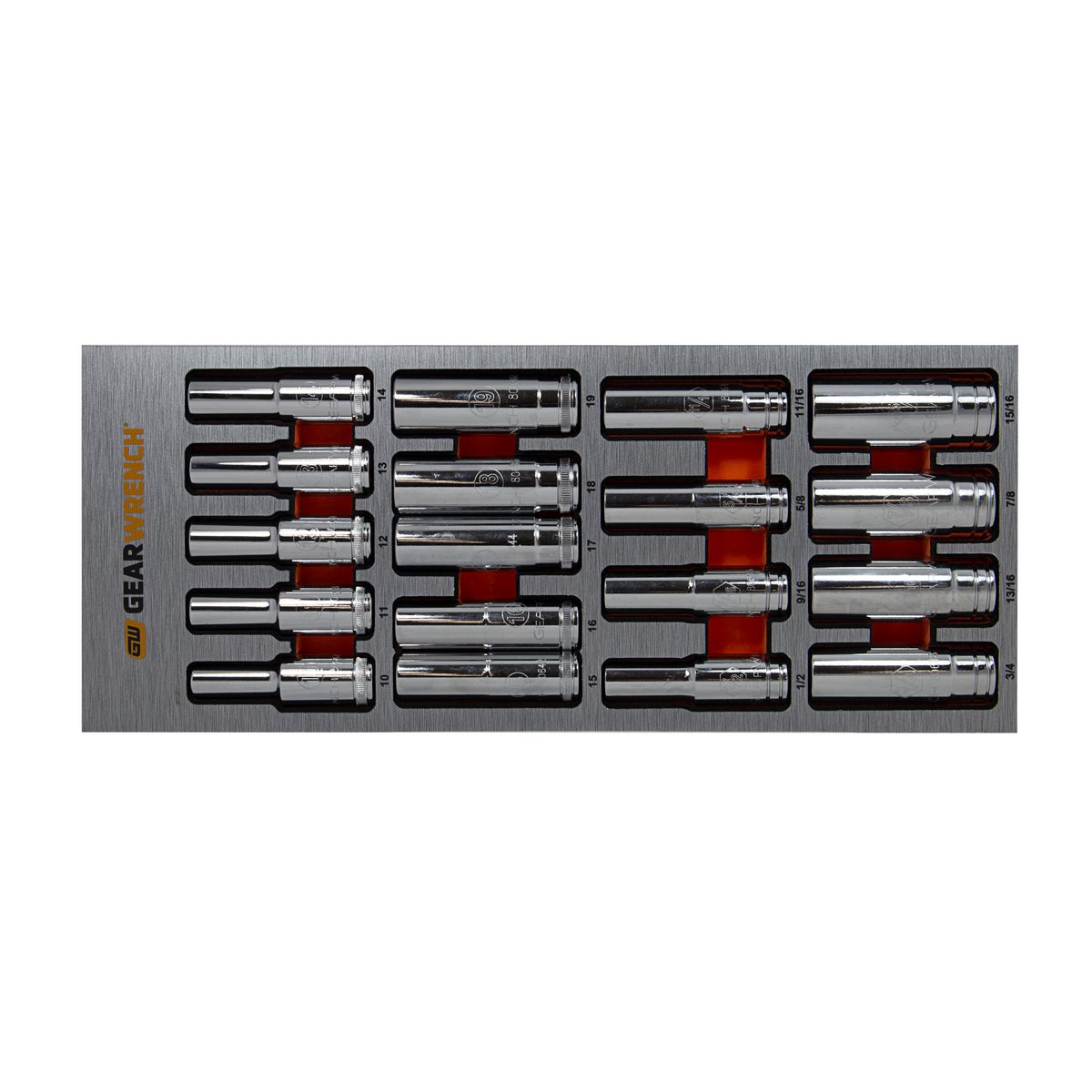 GEARWRENCH 18 Pc. 1/2in Drive 6 Point Deep Socket Metric & SAE Set in EVA Tray 37 83995