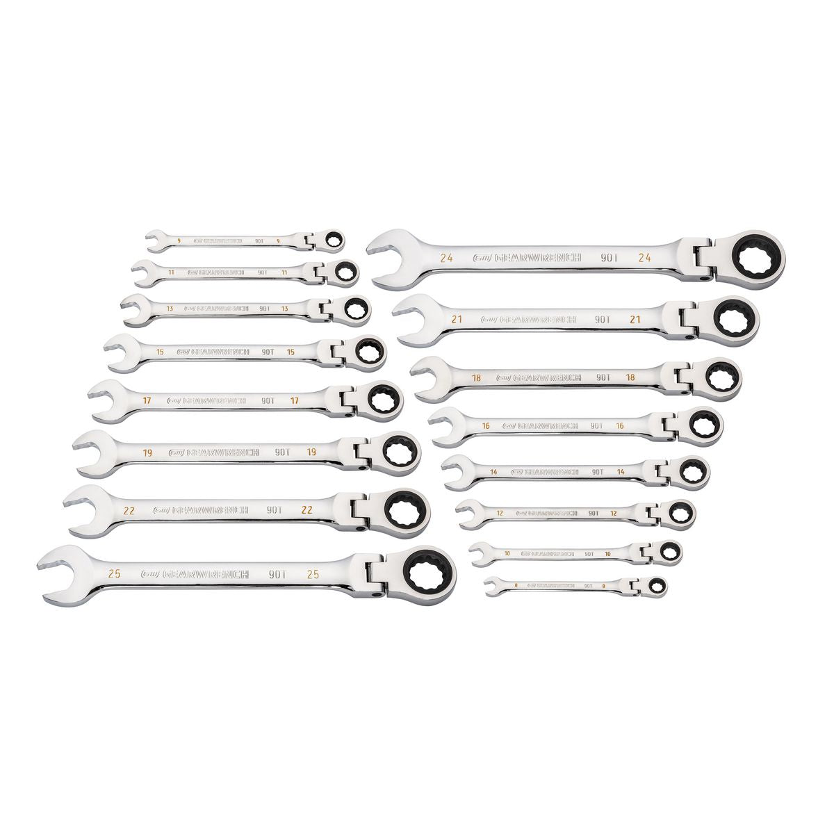 GEARWRENCH 16 Piece 90-Tooth 12 Point Flex Head Ratcheting Combination Metric Wrench Set 86728