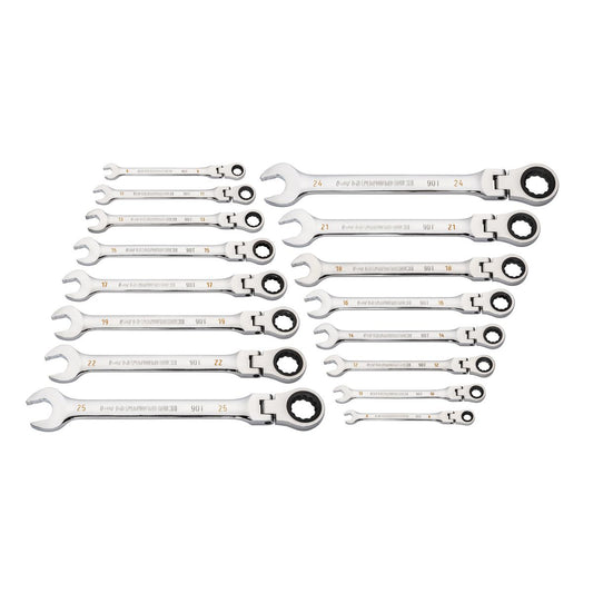 GEARWRENCH 16 Piece 90-Tooth 12 Point Flex Head Ratcheting Combination Metric Wrench Set 86728