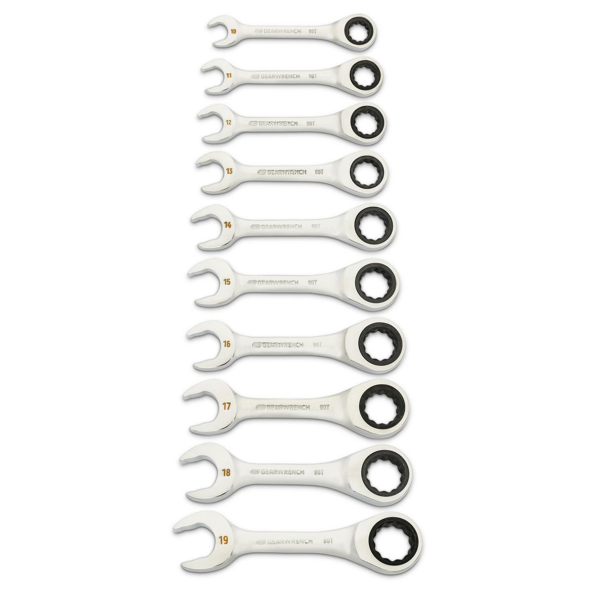 GEARWRENCH 10 Piece 90-Tooth 12 Point Metric Stubby Ratcheting Combination Wrench Set 86850
